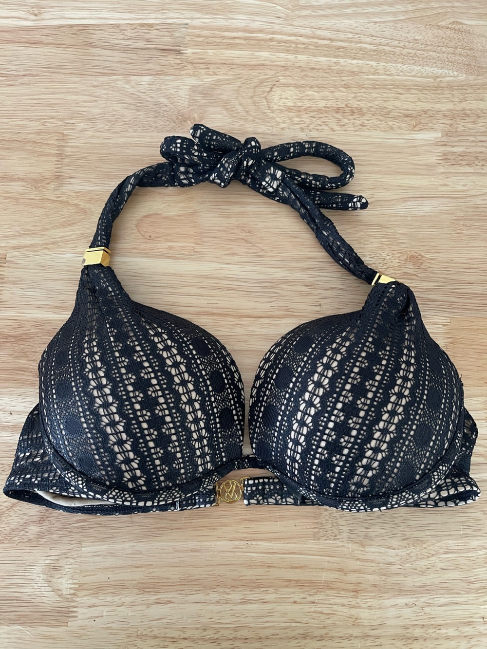 Victoria's Secret Black Lace push up Bikini Top with Nude Lining 34C